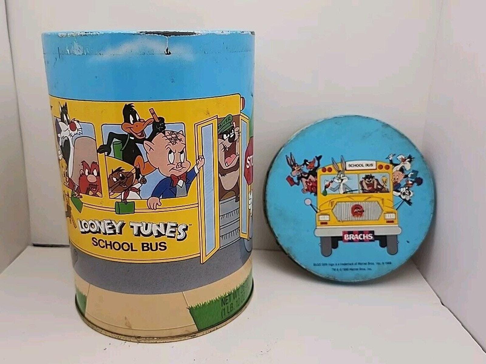 Vintage Brachs Looney Tunes School Bus Metal Tin Can W Lid 1990