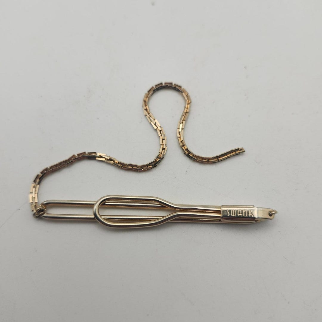 Vintage Swank Tie Bar Clip W Safety Chain Gold Tone Mid Century Mens