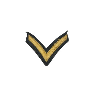 May include: A black and gold chevron patch. The patch features a gold stripe in the center, bordered by black fabric. The chevron shape is a classic design element, often used in military or uniform insignia.