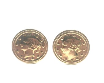 Gemelos vintage con moneda, tono dorado, cabeza de la Libertad, redondos, accesorio formal para hombre, regalo para novio, traje de esmoquin, joyería retro de mediados de siglo.