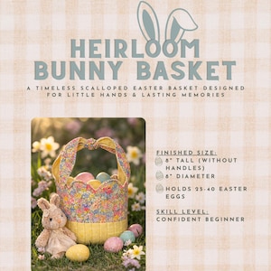 Puede incluir: Cesta de Pascua Heirloom Bunny con un estampado floral, que contiene huevos de Pascua. La cesta mide 20 cm de alto y 20 cm de diámetro. Un conejito de peluche está al lado. El texto dice "The Desert Sage Studio".
