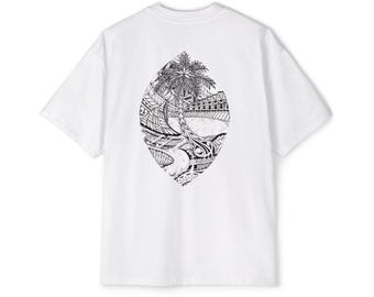 May include: White t-shirt featuring a black and white graphic design on the back. The design is an oval shape with a detailed illustration of a palm tree, a bridge, and other elements. The shirt has short sleeves and a crew neck.