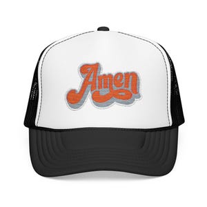 Amen Retro Script Foam Trucker Hat | Groovy Vintage Lettering Patch Style