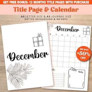 Printable December Title Page and Calendar - December Cover Page - Bullet Journal Title and Calendar - A4 & A5 Printable Planner Page
