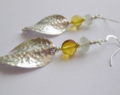 Harvest, Silver Leaf Earrings with amber and prehnite beads