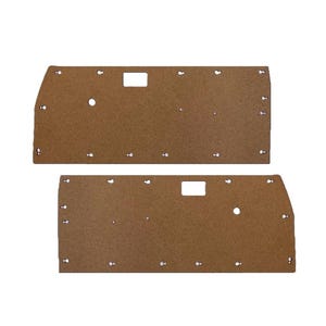 May include: Two brown rectangular panels with rounded edges and various holes and cutouts. The panels are likely for a vehicle's interior, possibly door panels, and are made of a composite material.