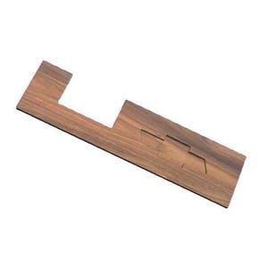 May include: A wooden, rectangular object with a cutout and etched design. The wood has a natural grain and a warm brown color. The object appears to be a component of a larger item, possibly a desk or table.