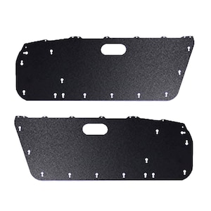 May include: Two black metal door panels with multiple small holes and a large oval cutout. The panels are designed to fit the shape of a vehicle door. The panels are shown against a white background.
