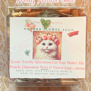 Puede incluir: Un frasco de vidrio transparente lleno de flores, hierbas y especias secas. El frasco tiene una etiqueta blanca con el texto "Pretty Prairie Soul Nature Flower Soupo" y "Scent: Lovely Afternoon Cat Nap Under The Peach, Cinnamon Trees & Forest Sage...meow".