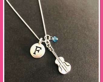 Violin gifts, women necklaces, personalised violinist initial birthstone jewellery, sterling silver chain