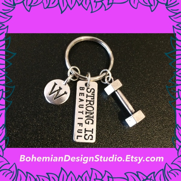 Fitness keychain, fitness gift, dumbbell key ring, gym motivation keyring, handmade gift, personalised initial charm, strong is beautiful UK