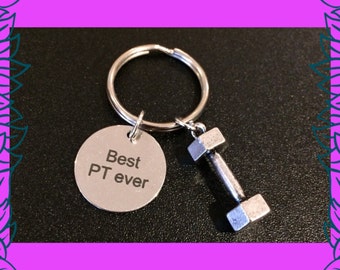 Personal trainer fitness gift, best PT ever charm keychain,  personal trainer key ring, 3D dumbbell charm, bespoke fitness keychain gift UK