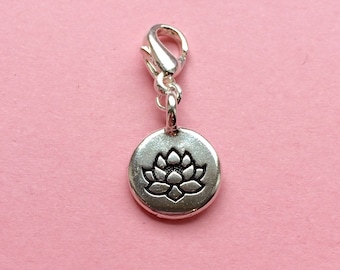 Silver lotus flower clip on charm, Mother's day gift, zip pull purse charm, lotus flower charm - nature plant jewelry, unique gift, UK