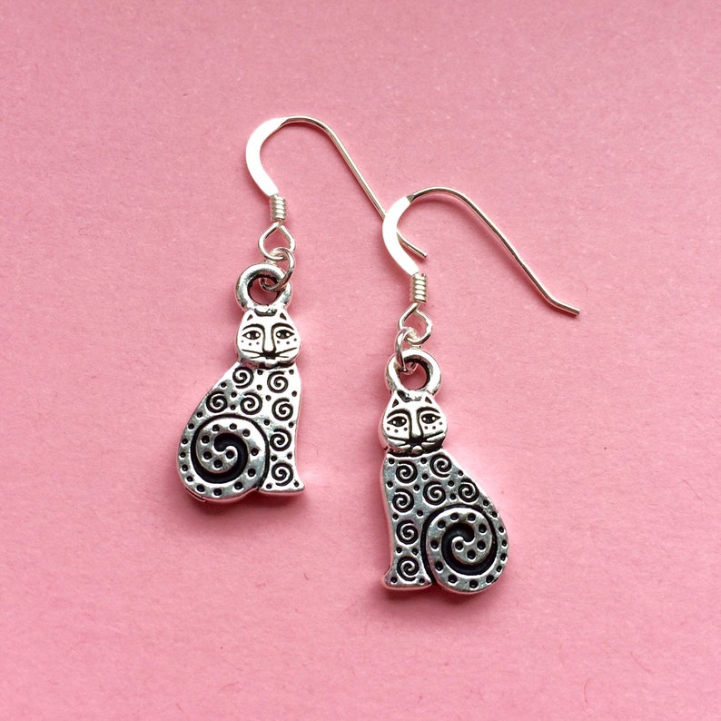 Mothers day gift uk dangle earrings Silver cat earrings cat jewellery cat lover gift
