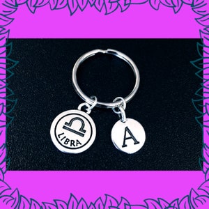 Libra zodiac keyring, September October birthday gift idea, personalised initial charm keyring, astrology zodiac gift for her image 1