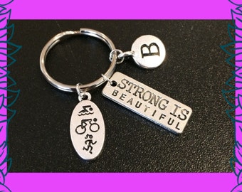 Triathlon gift, triathlete keychain, fitness key ring gift, strong is beautiful charm, bespoke sports fitness gym gift UK