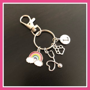 Personalized Vet Keychain: Rainbow, Stethoscope, Paw Print Charms