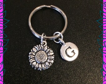 Sunflower gift, flower keychain, personalised sun flower keyring, letter charm, flower gifts