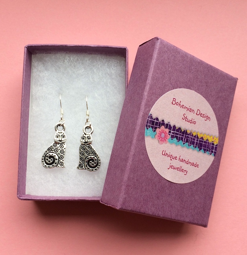 Mothers day gift uk dangle earrings Silver cat earrings cat jewellery cat lover gift