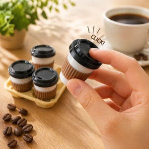 May include: Miniature coffee cup toys with black lids, white cups, and brown sleeves. One cup is being held, with the word "CLICK!" in the image. Several cups are in a yellow tray, with coffee beans scattered on a wooden surface.