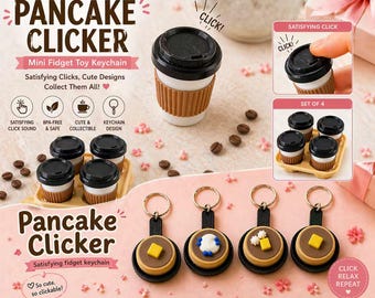 Juego de 4 llaveros con forma de botella de café y 4 llaveros con forma de panqueque / Juguete antiestrés satisfactorio, mini accesorio de escritorio