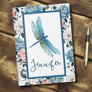 Nature Inspired Floral Dragonfly Journal, Personalized Hardcover Notebook, Custom Journal, Botanical Diary, Roses, Nature Art, Gifts For Her