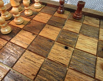 Hundreds of worm holes Handmade Chess Wormy Chestnut set with Tobacco Barn side frame Chess Set in Reclaimed 1830's Barn Wood sku 233