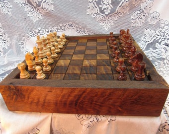 HUGE DREADNOUGHT,  Incredible Chess Set from Reclaimed 1830's Barn Wood, Wormy Chestnut with Iridescent Tiger Striped Grain, sku 261