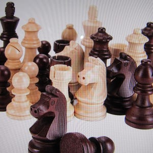 May include: A collection of wooden chess pieces in dark brown and light natural wood tones. The set includes kings, queens, bishops, knights, rooks, and pawns, all featuring smooth, turned designs with detailed carvings on the knight figures.