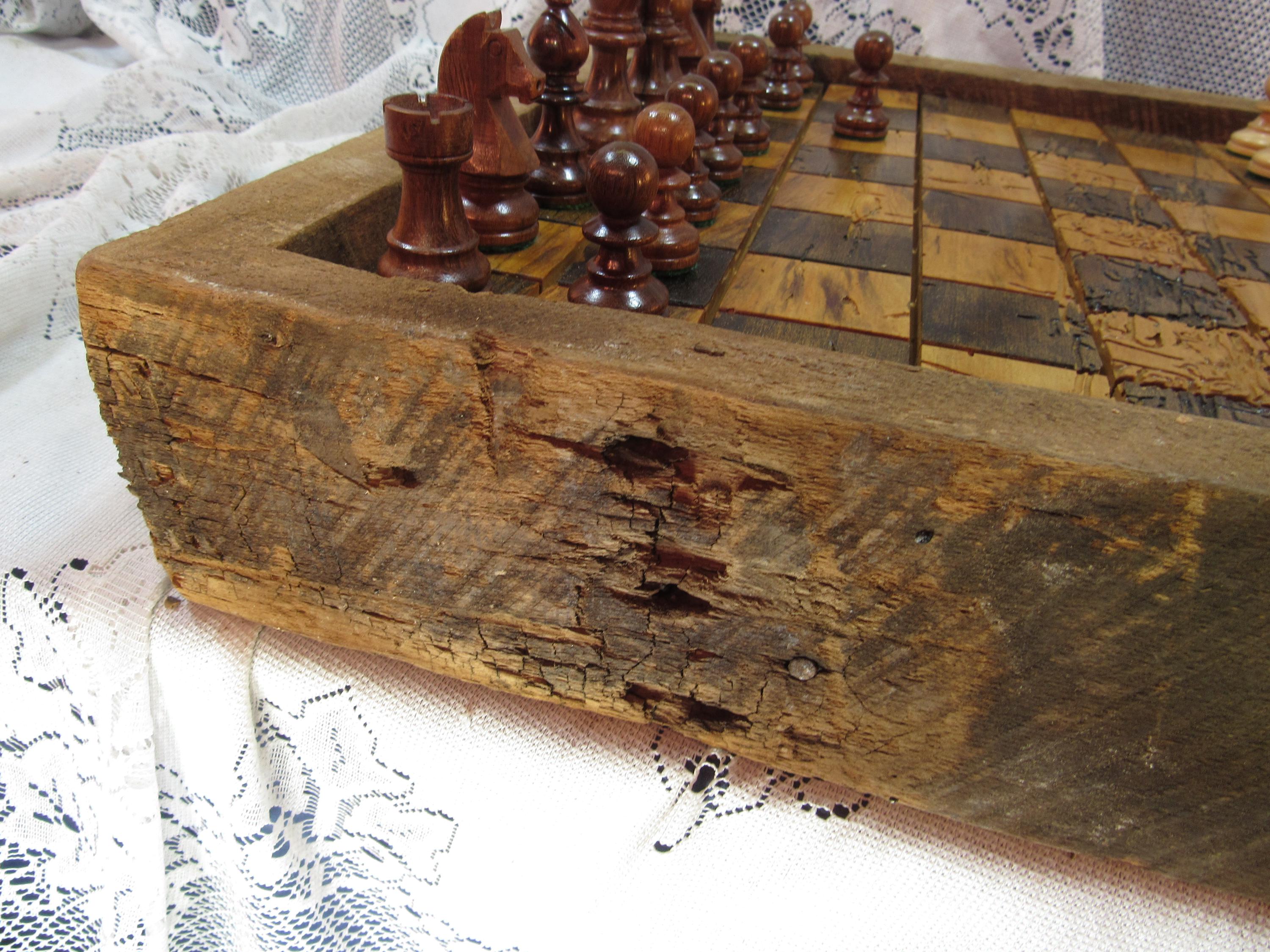 XCEPTIONAL !!!!!!!!!  Wormy Chestnut Chess Set in wood reclaimed from 1830's Ohio Barn Beams .sku 89