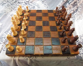 Thousands of Worm Holes Barn Beam HUGE CHESS SET in Wormy Chestnut wood reclaimed from 1830's Ohio Barn Beams sku 104