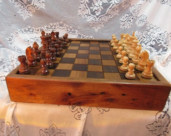 Chess Set in Reclaimed Wormy Chestnut from 1830's Barn Wood, sku 227