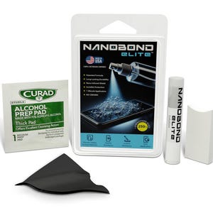 May include: A kit for applying a screen protector to a phone. The kit includes a bottle of solution, a microfiber cloth, an alcohol prep pad, and a squeegee. The packaging for the screen protector features the brand name "NanoBond Elite" and the text "250+ STRENGTHENED GLASS".