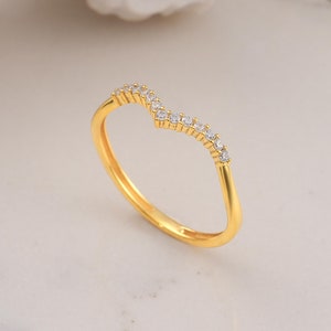 14K Solid Gold V Ring, Delikatny, Składany Zakrzywiony Pasek, Obrączka Ślubna Chevron Biżuteria Prezent Kobiety, Zakrzywiony Obrączka Ślubna W Kształcie V, 14k Solid Gold