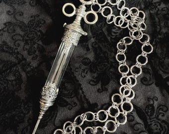 Antique Syringe Necklace with Handmade Chain, Gothic Necklace with Victorian Syringe