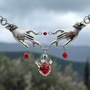 Gothic Chainmail Collar, Victorian Mourning Hands Necklace with Anatomical Glass Heart