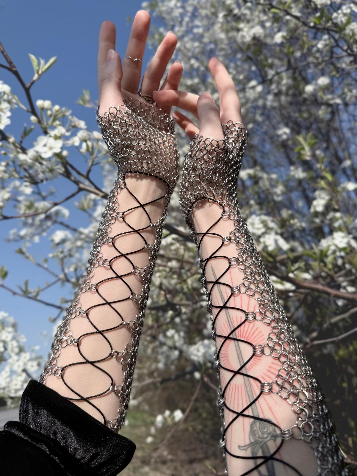 Chainmail Long Fingerless Gloves, Custom Lace Up Stainless Steel Sleeves