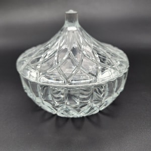 Vintage KIG Indonesia Clear Glass Candy Dish w/ Lid Geometric Pattern Trinket