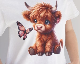 Camiseta unisex con diseño de vaca de las Tierras Altas y mariposa, bonita camiseta con estampado de vaca, regalo para amantes de los animales, camiseta de naturaleza, manga corta
