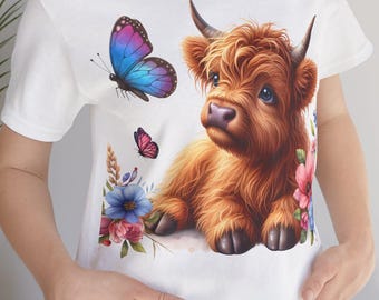 Camiseta de vaca de las Tierras Altas con flores, linda camiseta de vaca, camiseta de mariposa colorida, jersey unisex, regalo para amantes de los animales