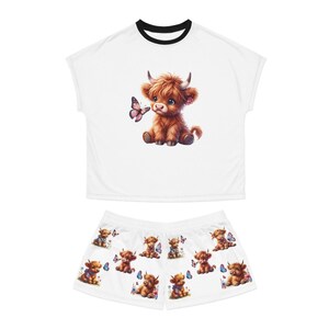 Conjunto de pijama para mujer Highland Cow, diseño de mariposa, pantalones cortos de manga corta, ropa de dormir con bonito estampado de vaca, ropa de estar por casa, conjunto de pijama imagen 4