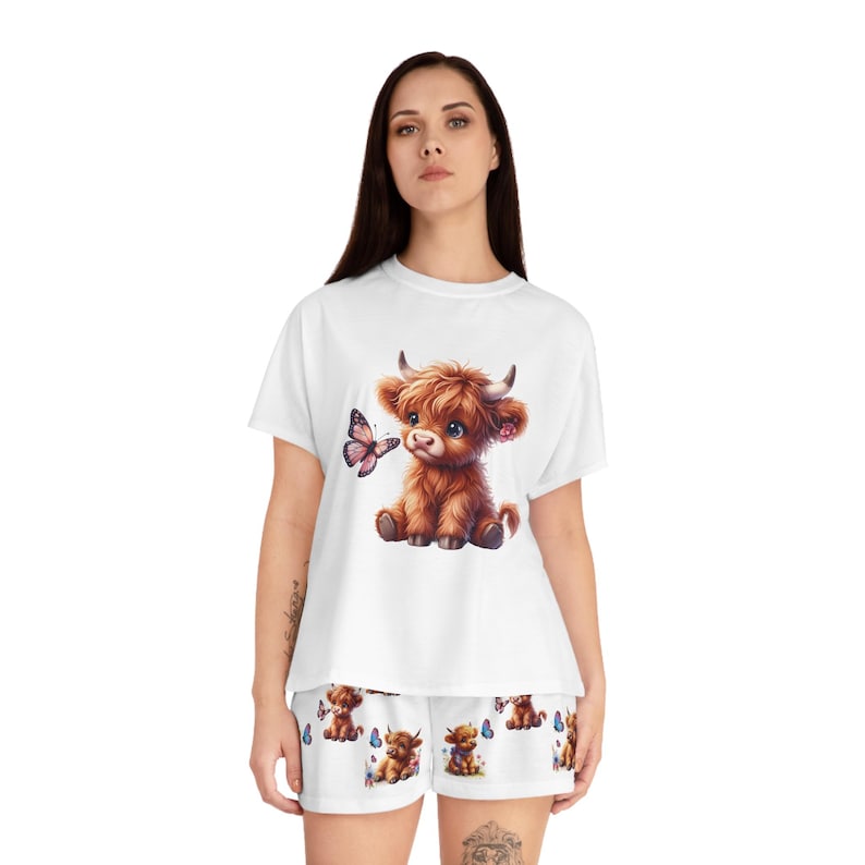 Conjunto de pijama para mujer Highland Cow, diseño de mariposa, pantalones cortos de manga corta, ropa de dormir con bonito estampado de vaca, ropa de estar por casa, conjunto de pijama imagen 3