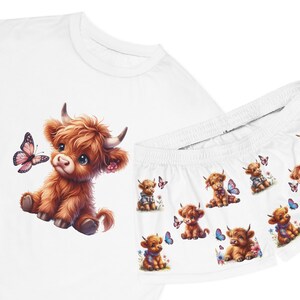 Conjunto de pijama para mujer Highland Cow, diseño de mariposa, pantalones cortos de manga corta, ropa de dormir con bonito estampado de vaca, ropa de estar por casa, conjunto de pijama imagen 2