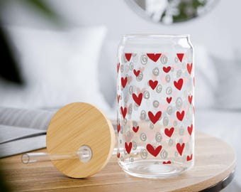 Corazones, San Valentín, Amor, Vaso con sorbete, Vaso para cerveza, Café helado, 16 oz, Tapa de bambú, Pajita, Despedida de soltera, Navidad, Regalo, Lavado a mano