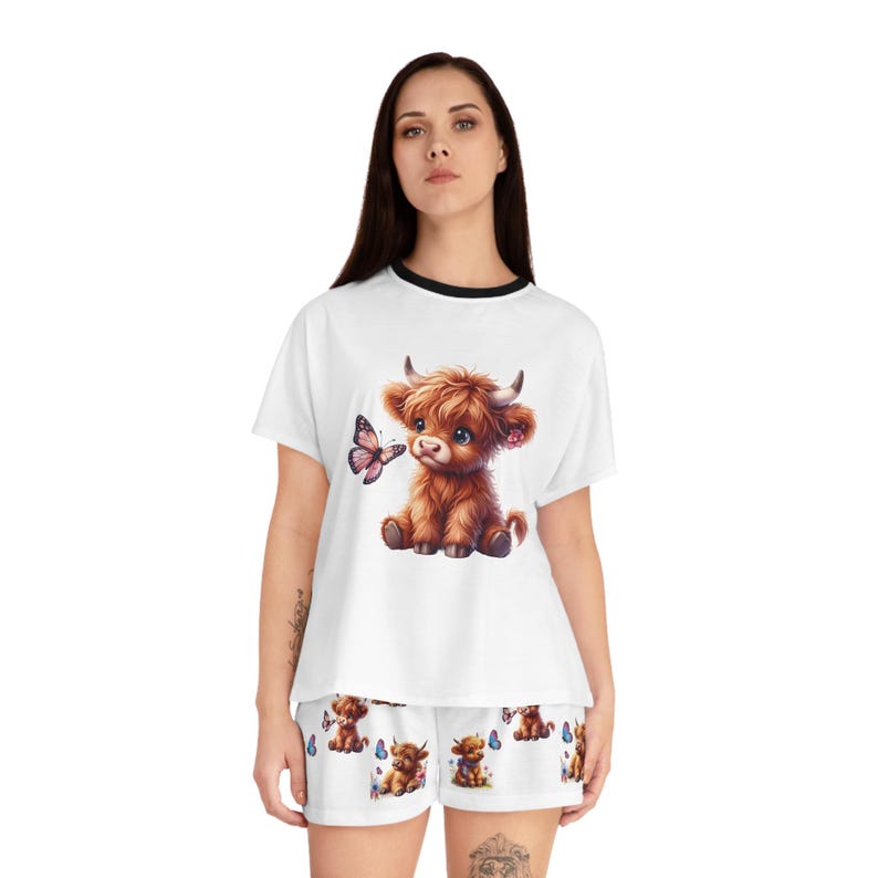 Conjunto de pijama para mujer Highland Cow, diseño de mariposa, pantalones cortos de manga corta, ropa de dormir con bonito estampado de vaca, ropa de estar por casa, conjunto de pijama imagen 6