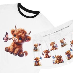 Conjunto de pijama para mujer Highland Cow, diseño de mariposa, pantalones cortos de manga corta, ropa de dormir con bonito estampado de vaca, ropa de estar por casa, conjunto de pijama imagen 5