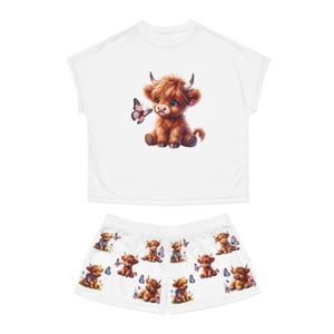 Conjunto de pijama para mujer Highland Cow, diseño de mariposa, pantalones cortos de manga corta, ropa de dormir con bonito estampado de vaca, ropa de estar por casa, conjunto de pijama imagen 1