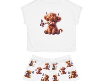 Conjunto de pijama para mujer Highland Cow, diseño de mariposa, pantalones cortos de manga corta, ropa de dormir con bonito estampado de vaca, ropa de estar por casa, conjunto de pijama