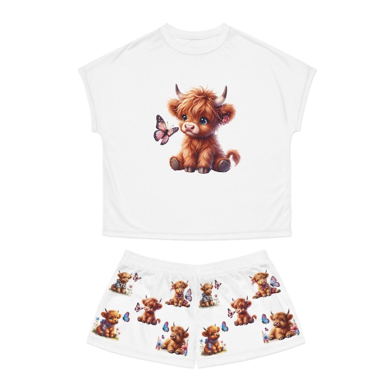 Conjunto de pijama para mujer Highland Cow, diseño de mariposa, pantalones cortos de manga corta, ropa de dormir con bonito estampado de vaca, ropa de estar por casa, conjunto de pijama imagen 1