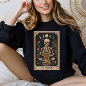 The Reader Tarot Card Shirt, Skeleton Reading Sweatshirt, Book Lover Hoodie, Tarot Lover Gift, Halloween Skeleton Tee, Bookish Gift T-shirt